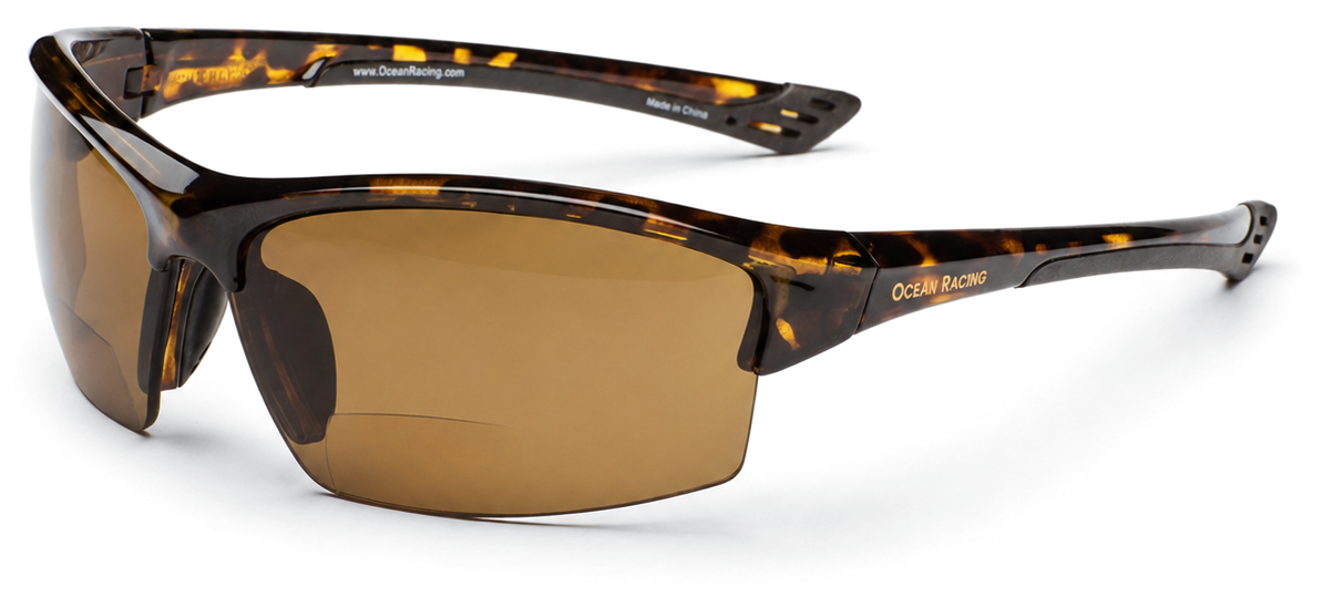 Ocean Racing +2.0 Mackinaw sun reader, gloss tortoise frame with brown polarized lens, cut out on a transparent background