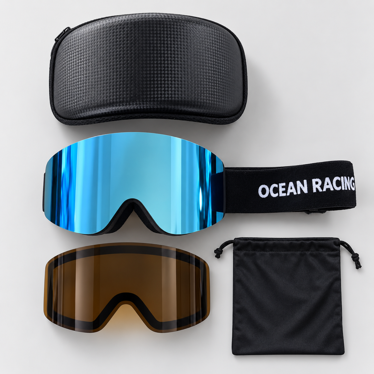 Ocean Racing ORG goggle with the blue mirror lens, spare amber lens, hard case and pouch