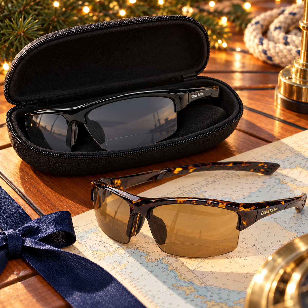 Two pairs of Mackinaw polarized reader sunglasses, black in a zip case and tortoise on a nautical chart
