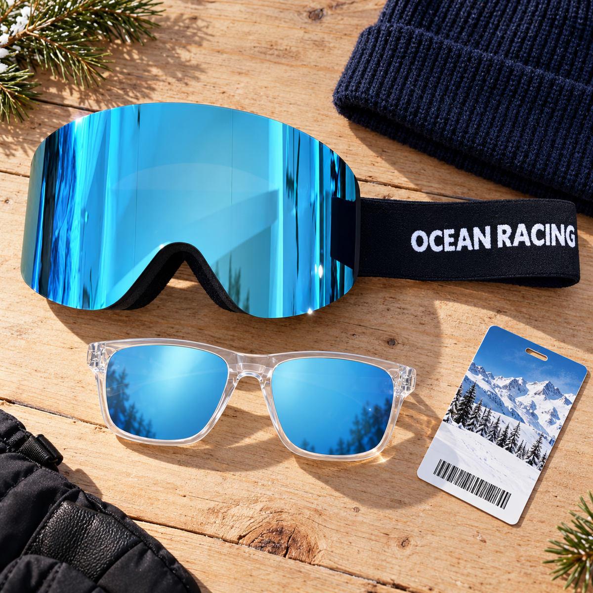 Ocean Racing ORG goggle with blue mirror lens next to clear-frame Waypoint sunglasses with blue mirror lenses