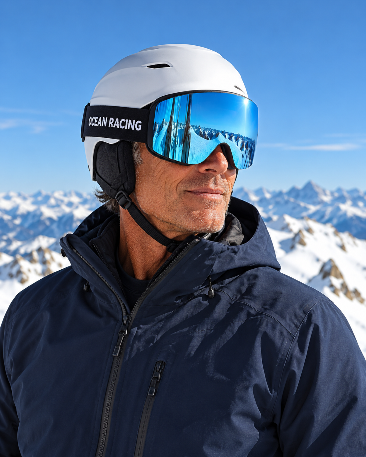 Skier on a summit wearing the Ocean Racing ORG goggle with blue mirror lens